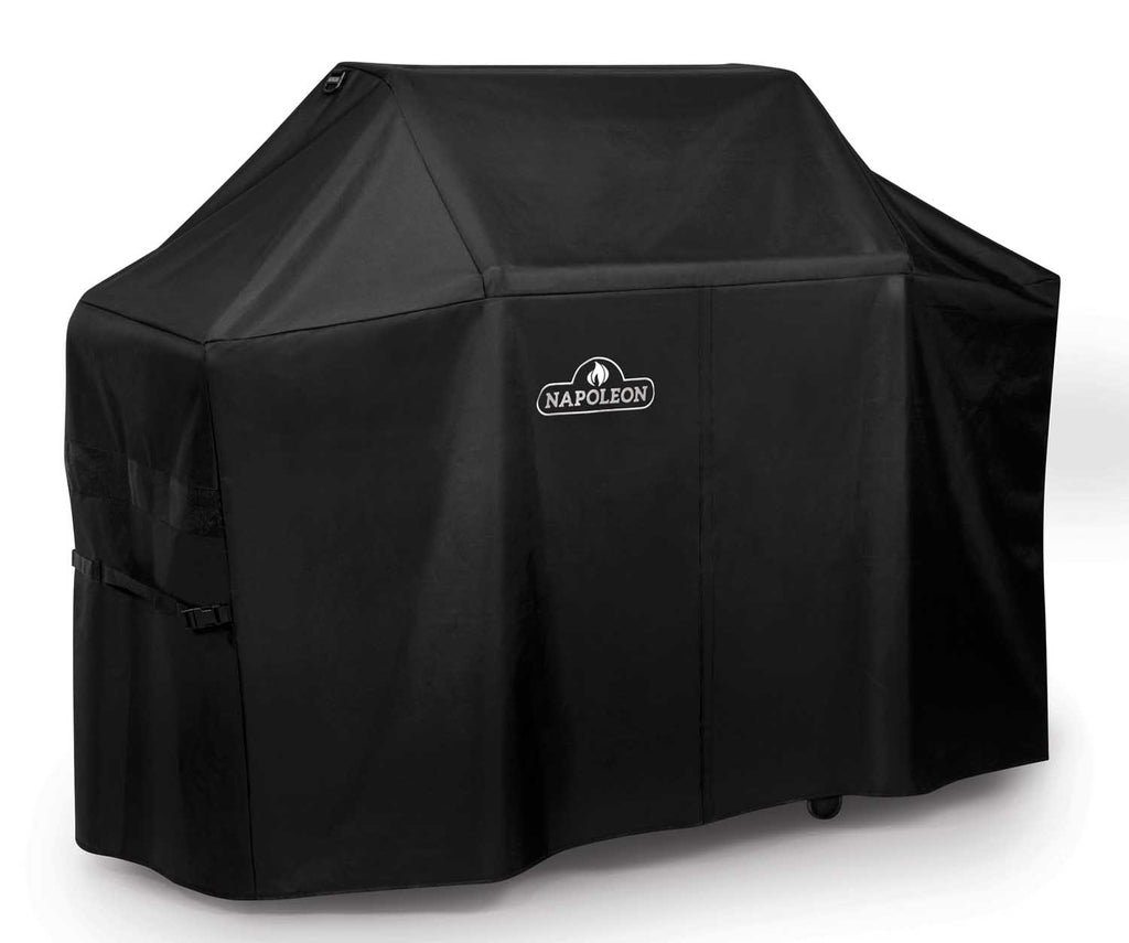 Black grill cover with Napoleon badge, angled view, side straps and panel seams