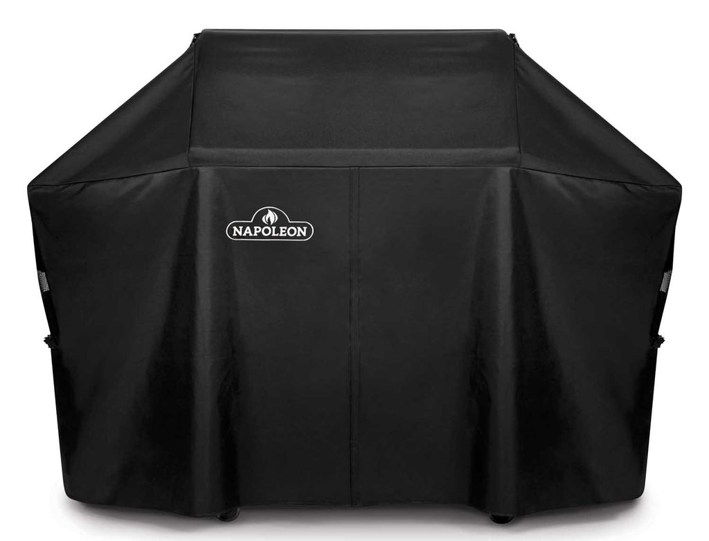 Black Napoleon grill cover with front panel and stitched side panels
