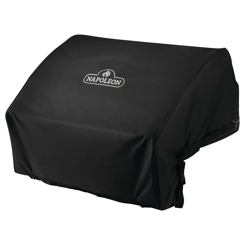 Black built-in grill cover with Napoleon logo, side angle view