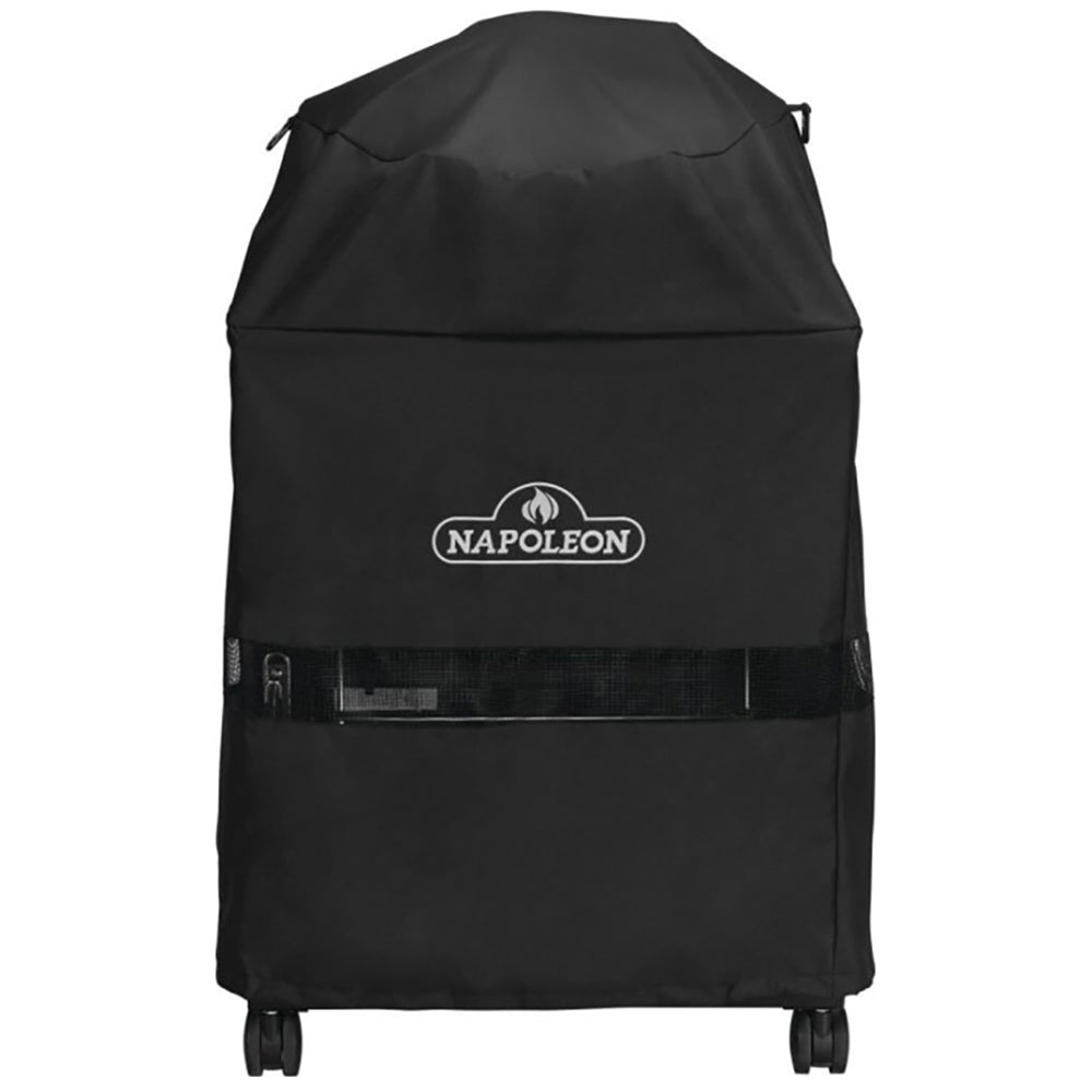 Black charcoal grill cover with rounded hood, Napoleon logo patch, and front panel pockets.