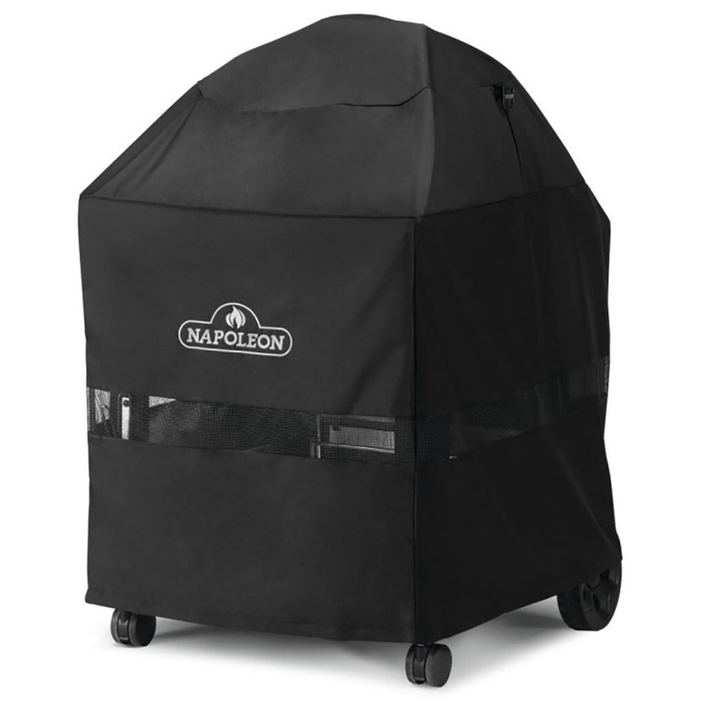 Black grill cover with side panels, Napoleon logo badge, and wheeled base.