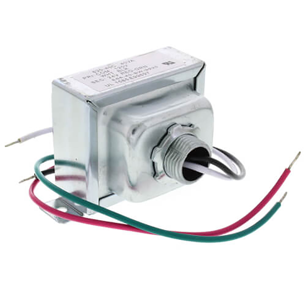 Metal 24V transformer with hardwire leads and wiring terminals, gray housing