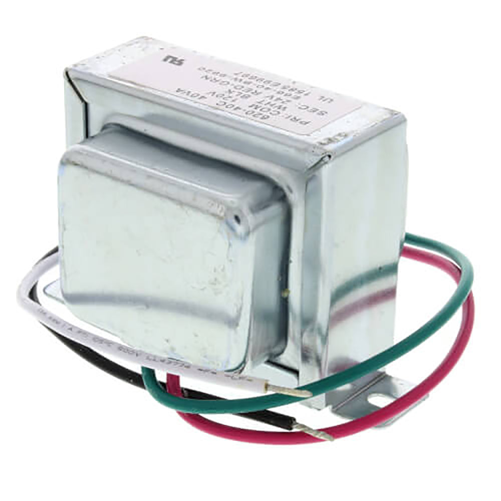 Metal 24V transformer with insulated leads in red and green, rectangular housing