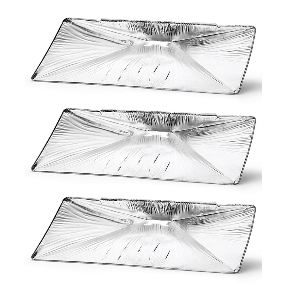 Pack of three aluminum drip pan liners, rectangular silver foil sheets