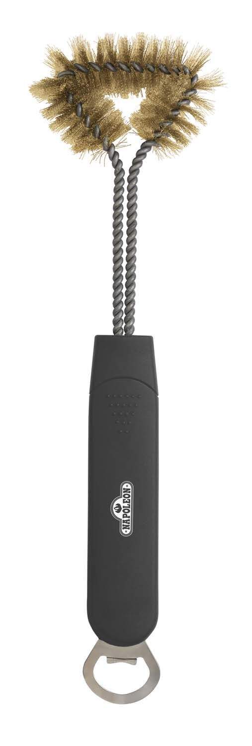 Three-sided grill brush with bottle opener, tan bristles and black textured handle