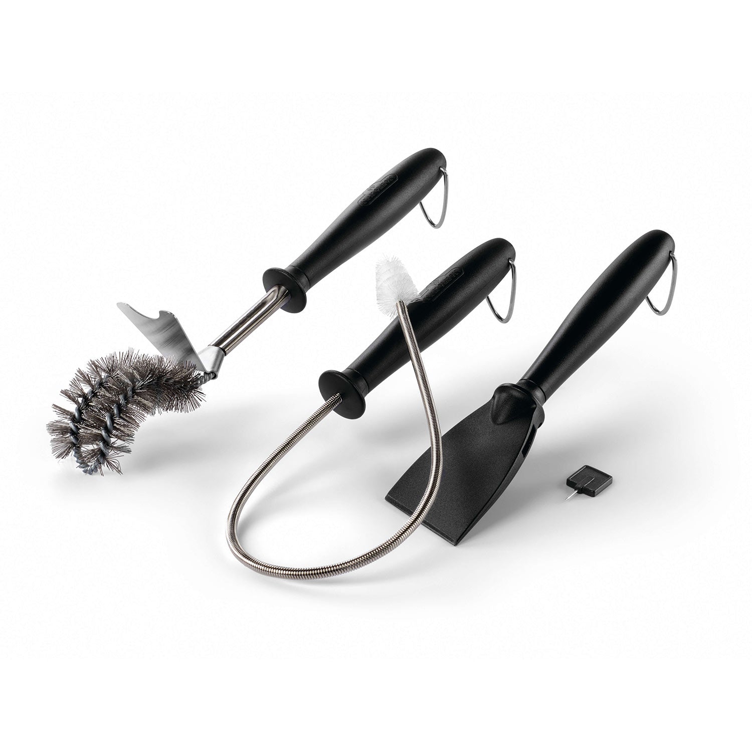 Grill cleaning tool set with wire brush, scraper, and flexible U-handle, black grips