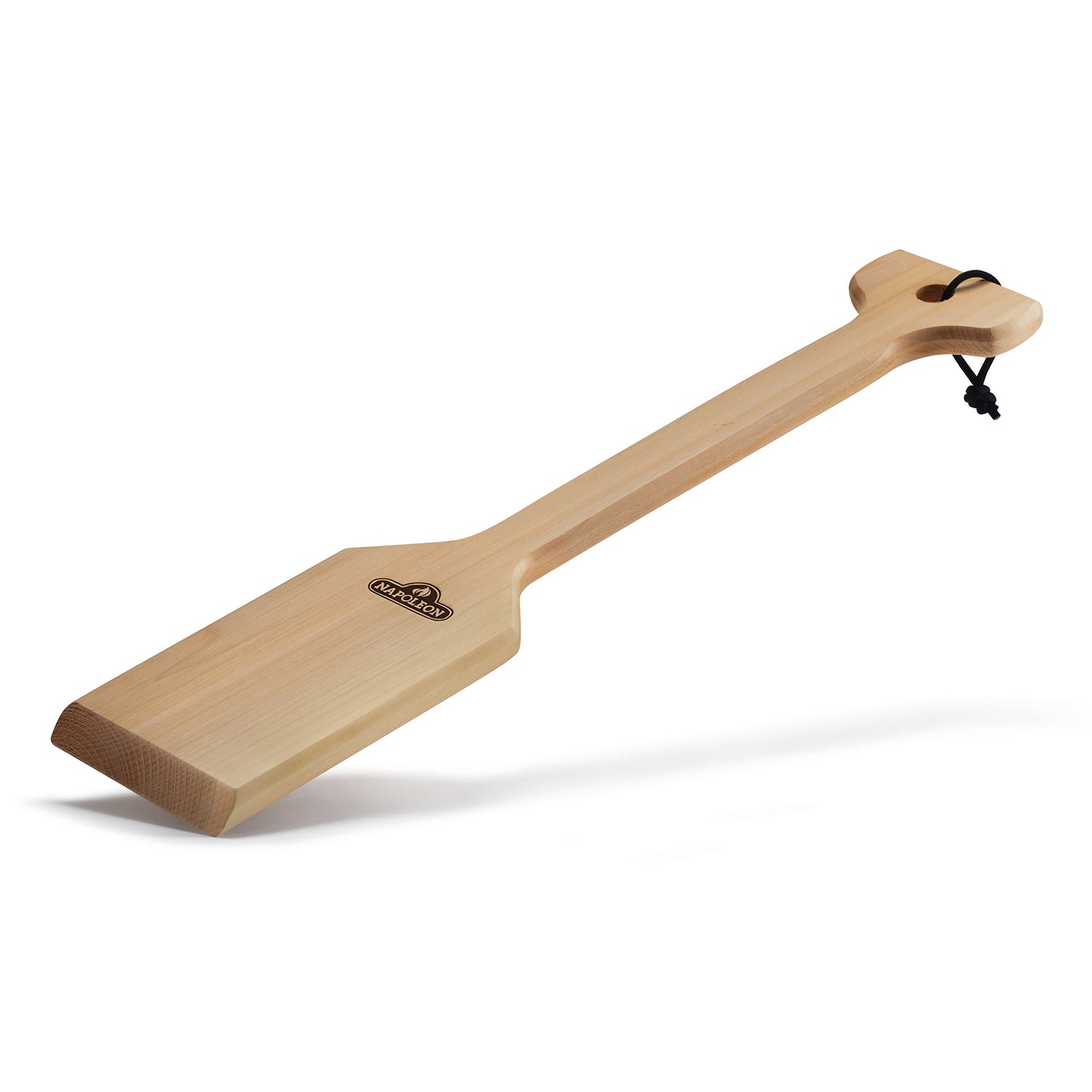 Cedar wood grill grid scraper with textured scraping head and lanyard loop