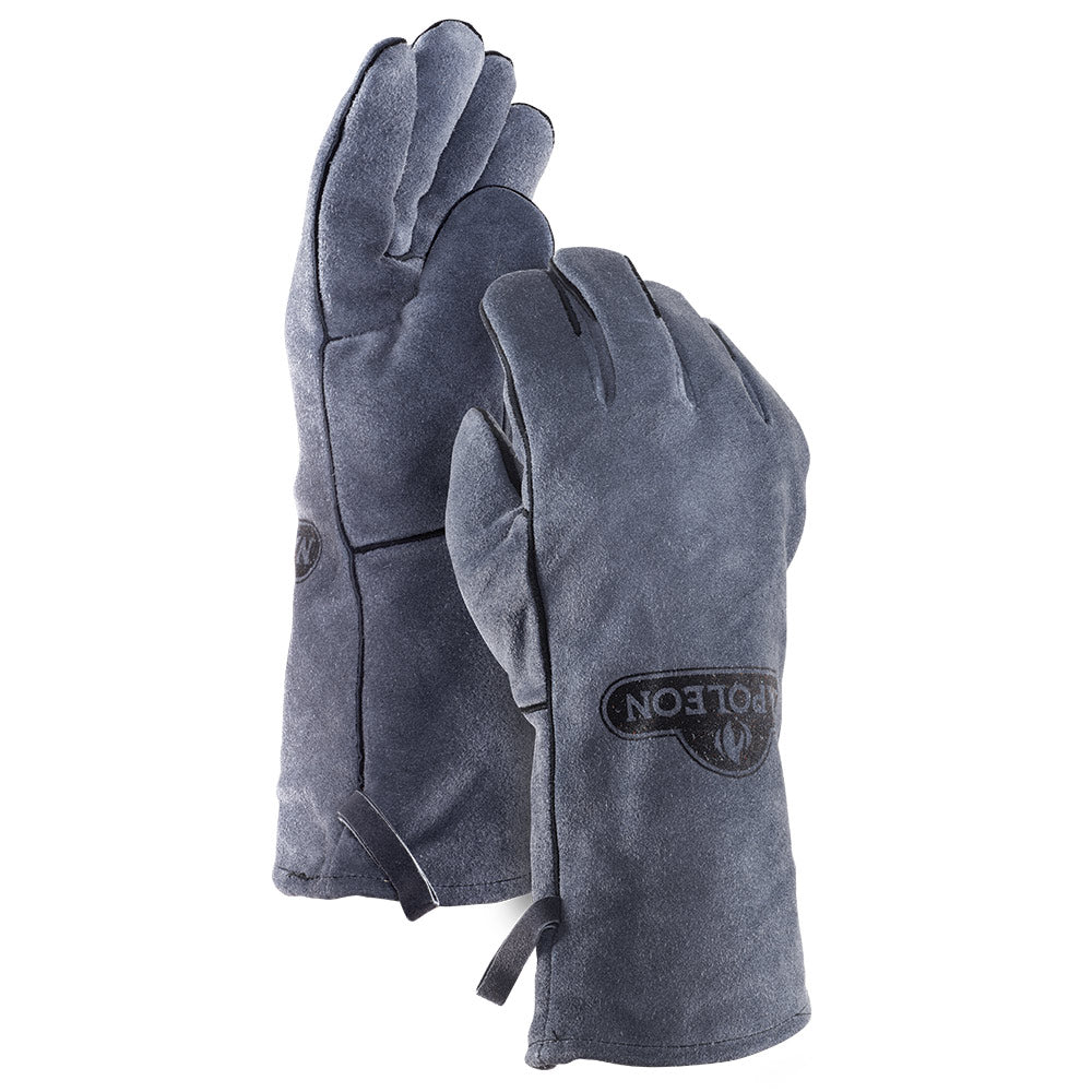 Gray leather gloves with adjustable wrist strap and stitched fingers