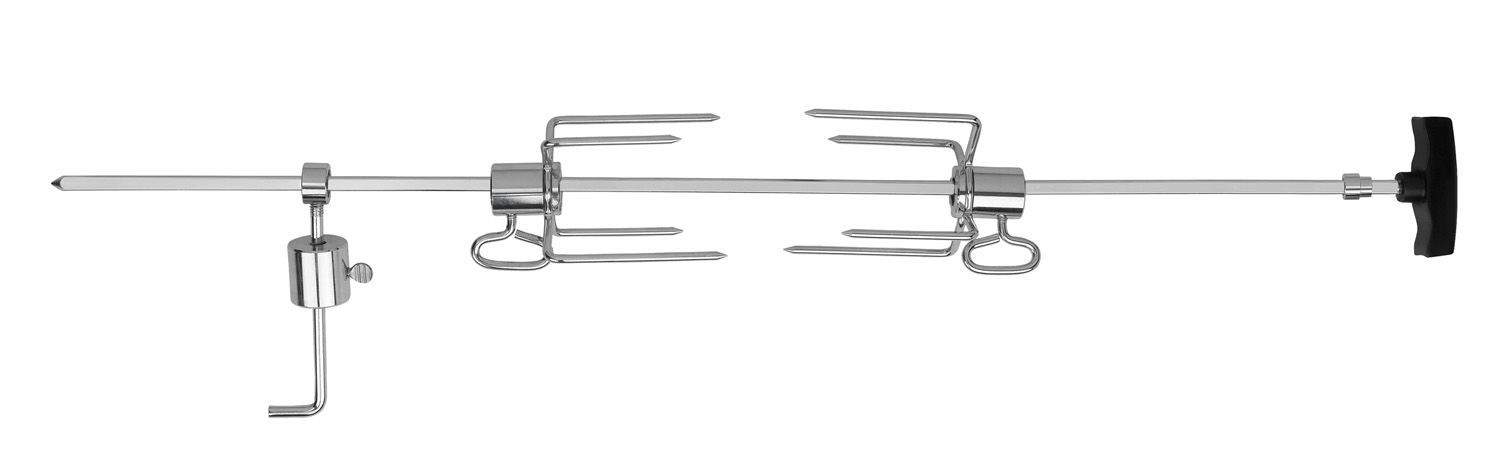 Commercial rotisserie spit rod with adjustable forks and support clamps