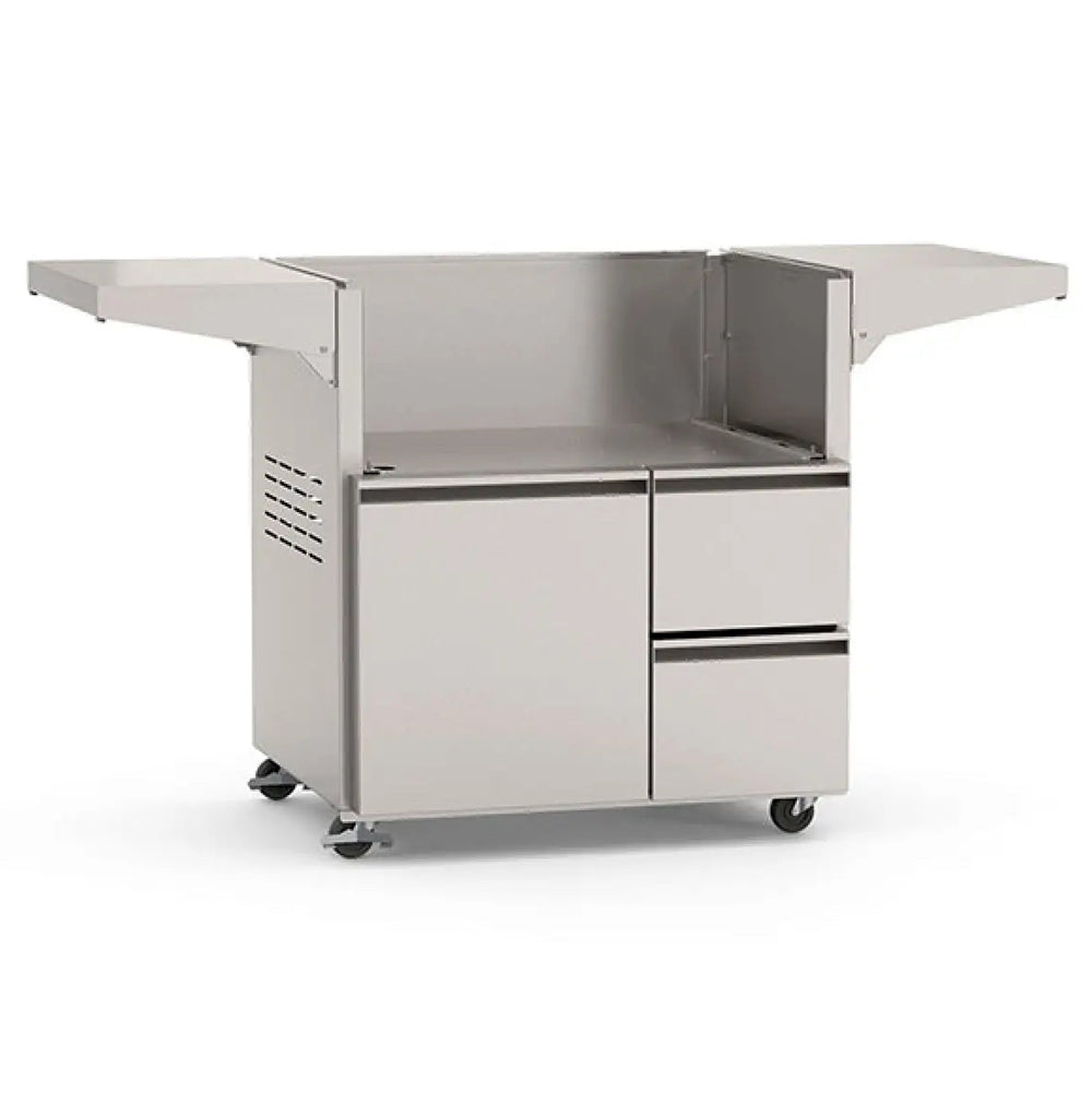 Stainless gas grill base cart with cabinet doors and side storage shelves, on wheels