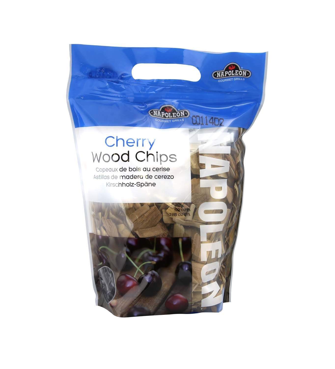 Napoleon cherry wood chips bag with handle, shows mixed wood chip pieces