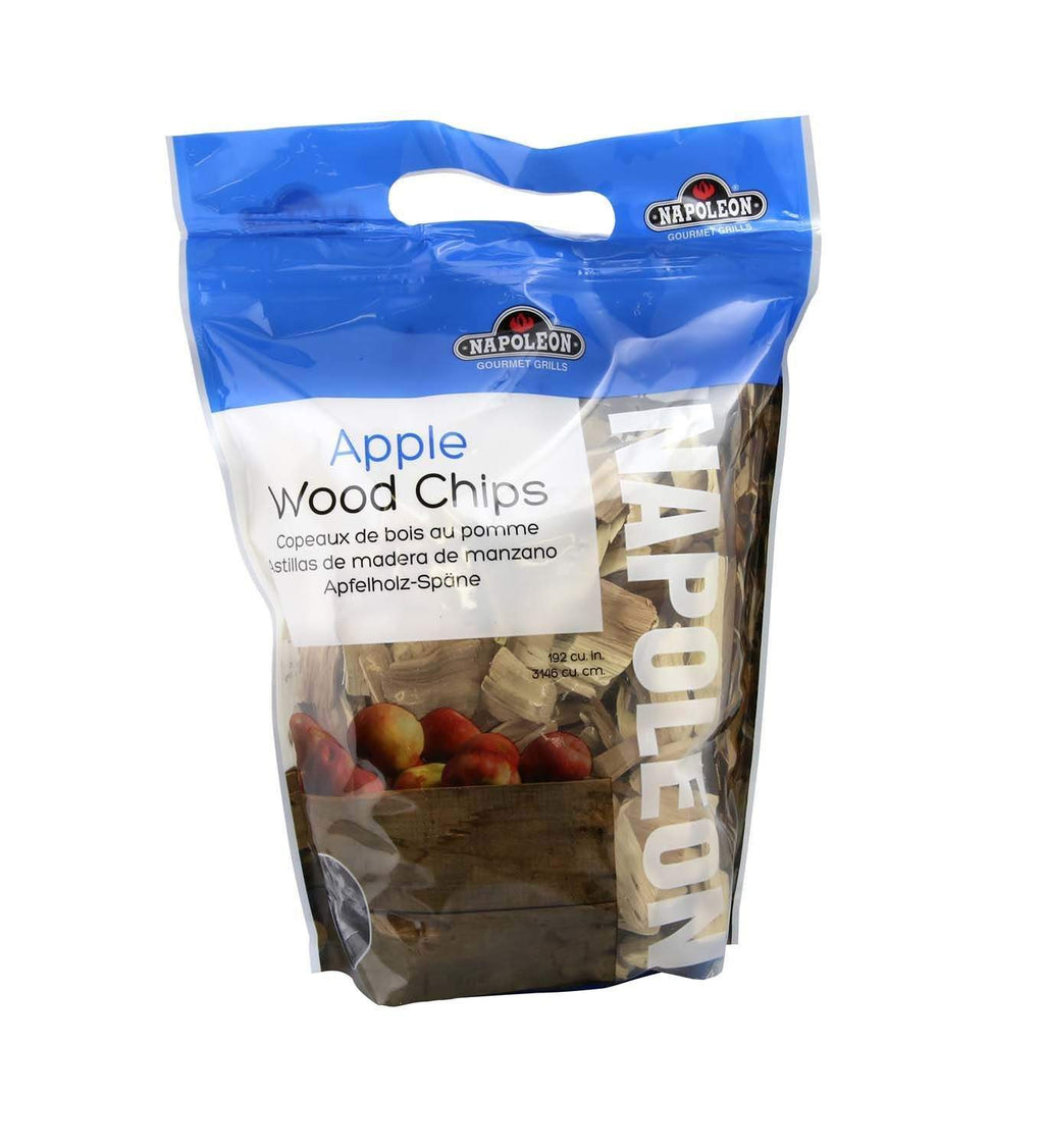 Napoleon Apple wood chips bag, labeled for smoking or grilling, brown wood chips