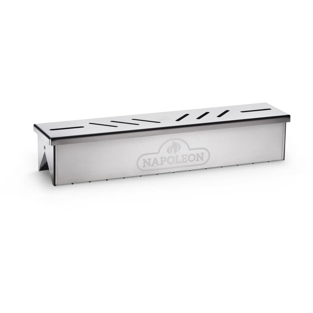 Stainless steel smoker box with Napoleon logo and vent slots