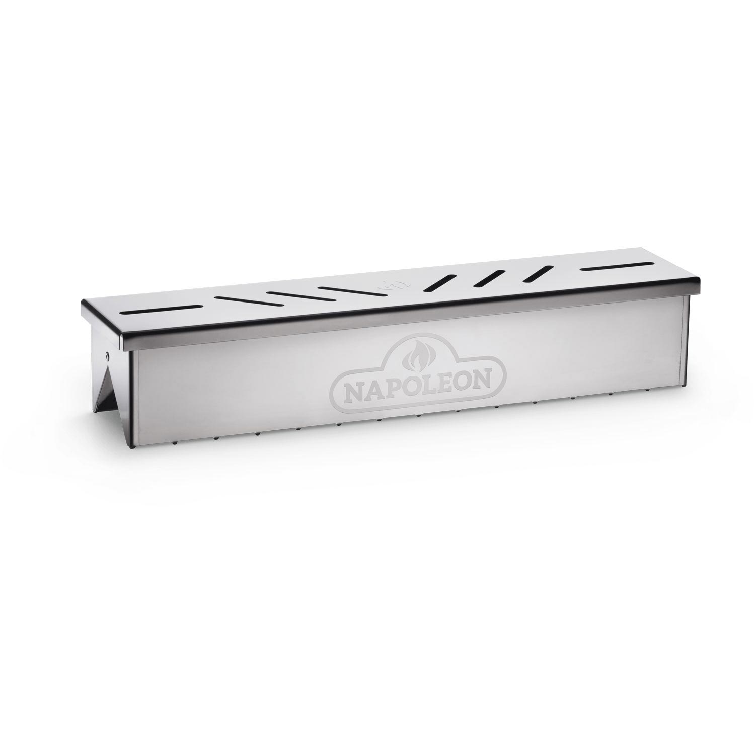 Stainless steel smoker box with Napoleon logo and vent slots