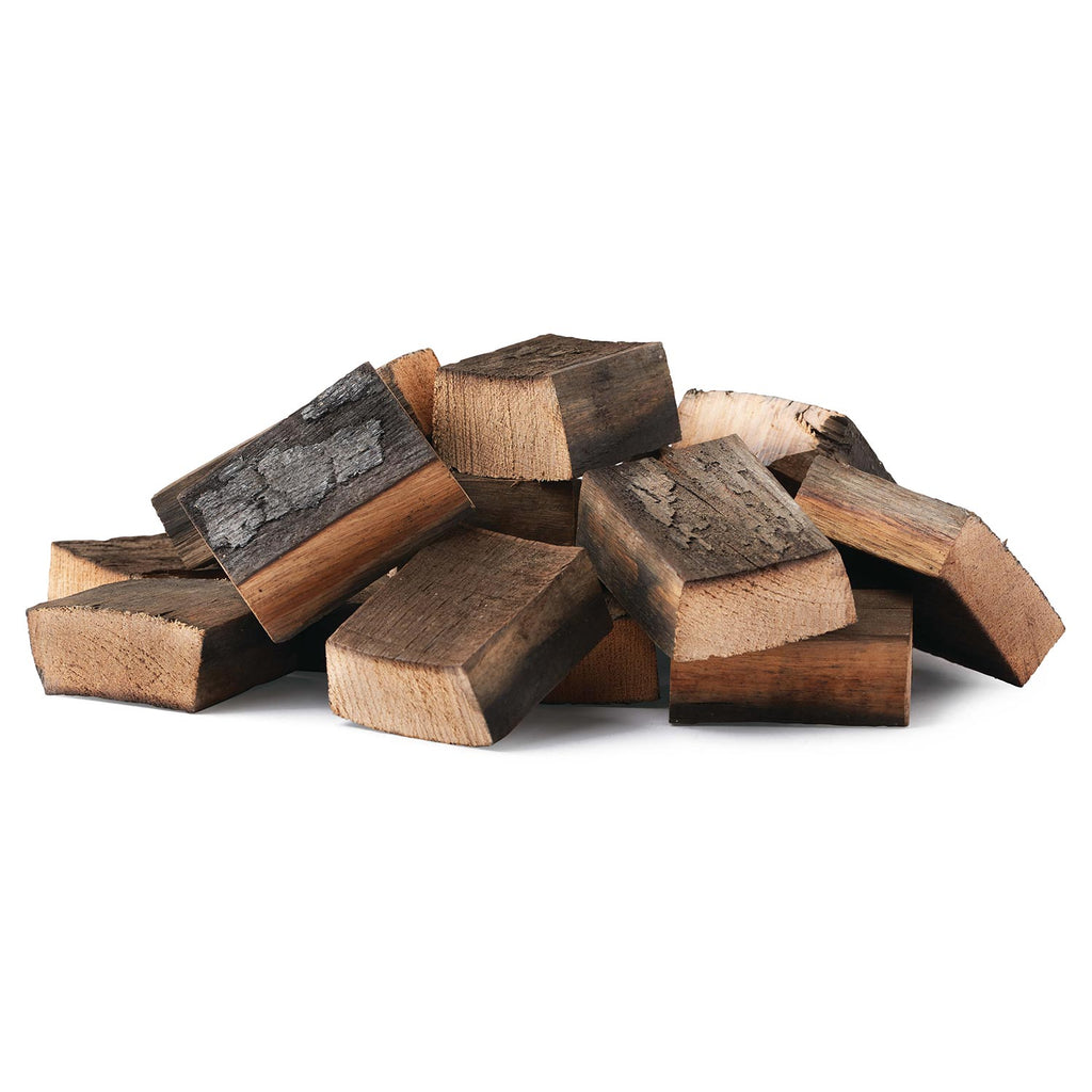 Brandy barrel wood chunks, dark brown rectangular pieces for grilling and smoking