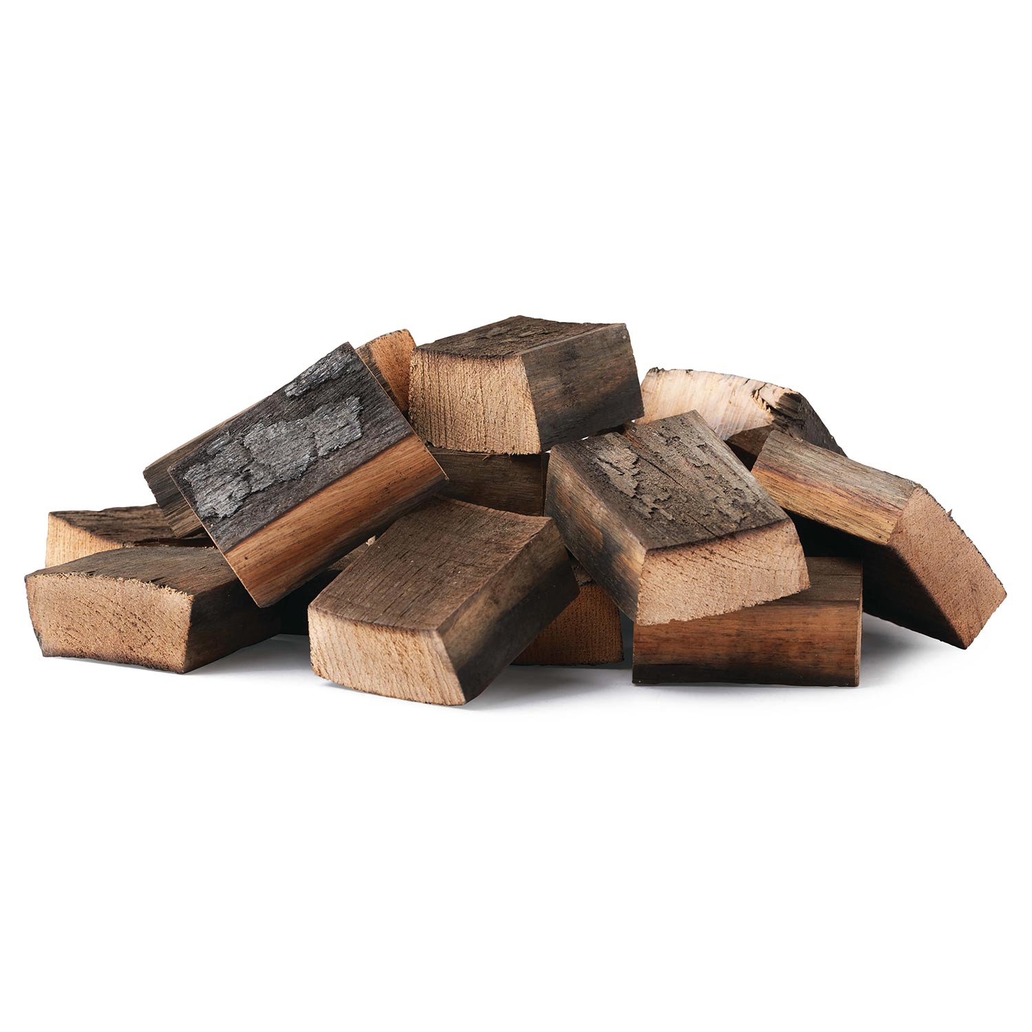 Brandy barrel wood chunks, dark brown rectangular pieces for grilling and smoking