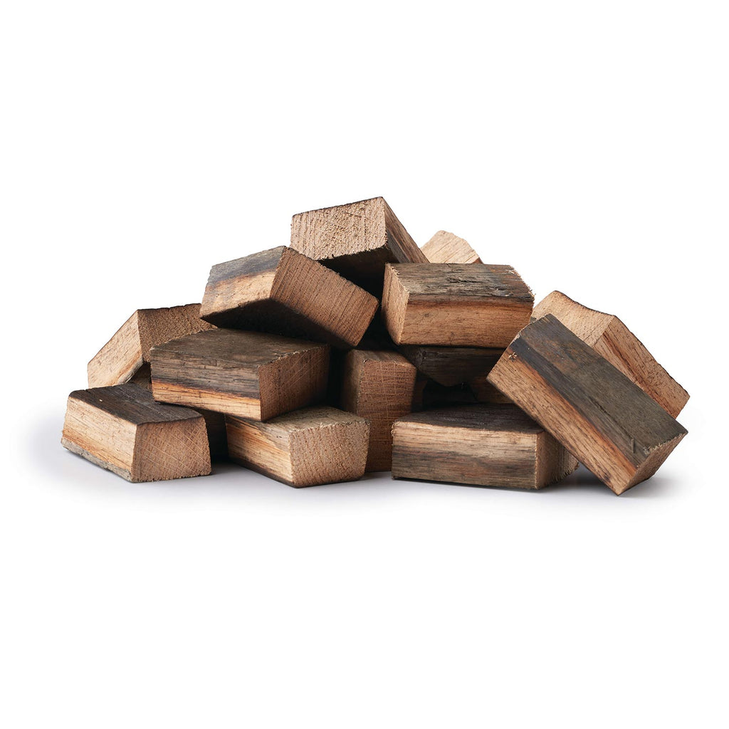 Whiskey barrel wood chunks, small rectangular pieces of dark toasted wood