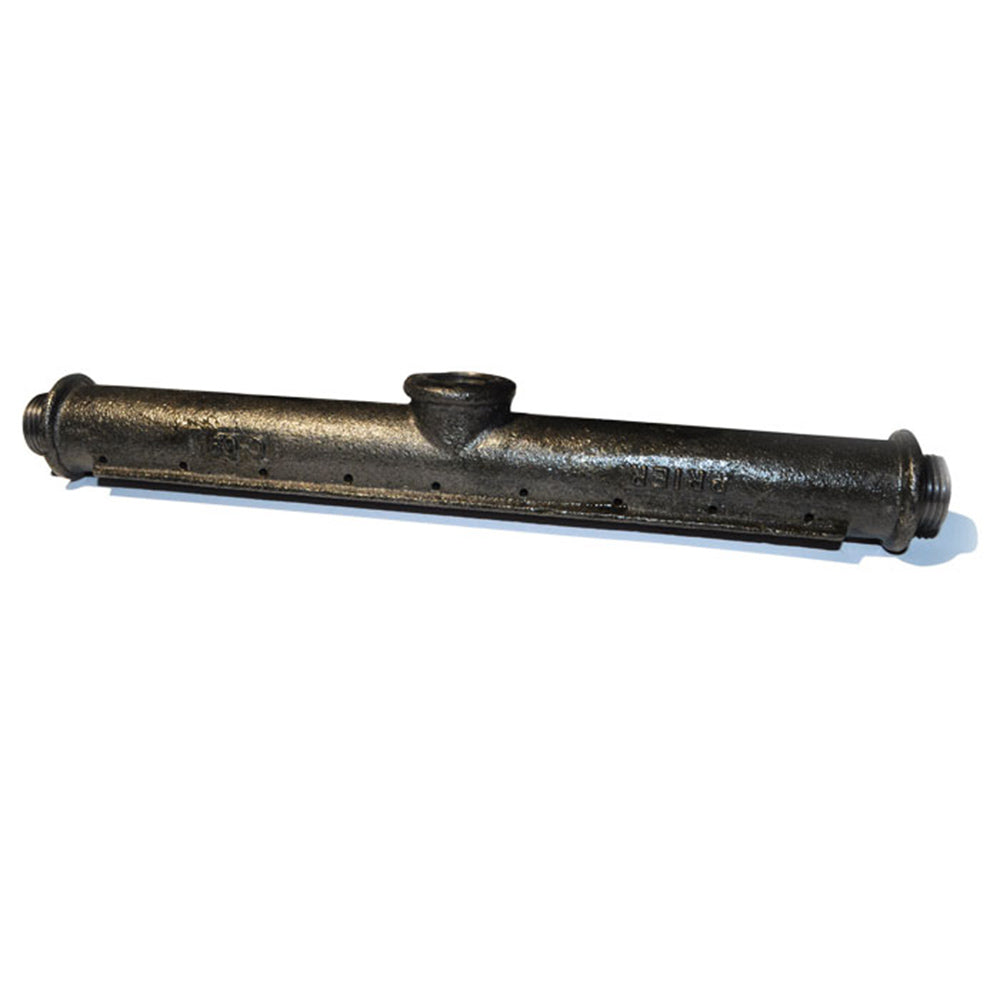Cast iron log lighter with top handle and long central bar, threaded ends