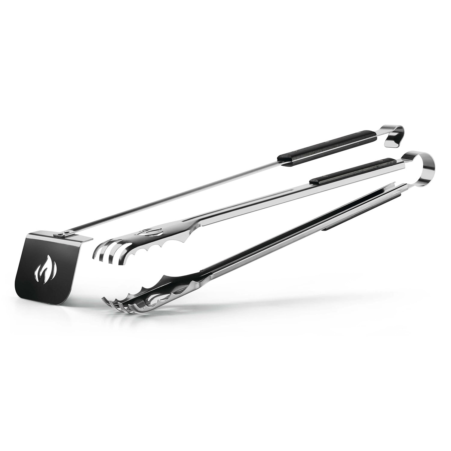 Charcoal rake and tongs set with black handles and metal tips