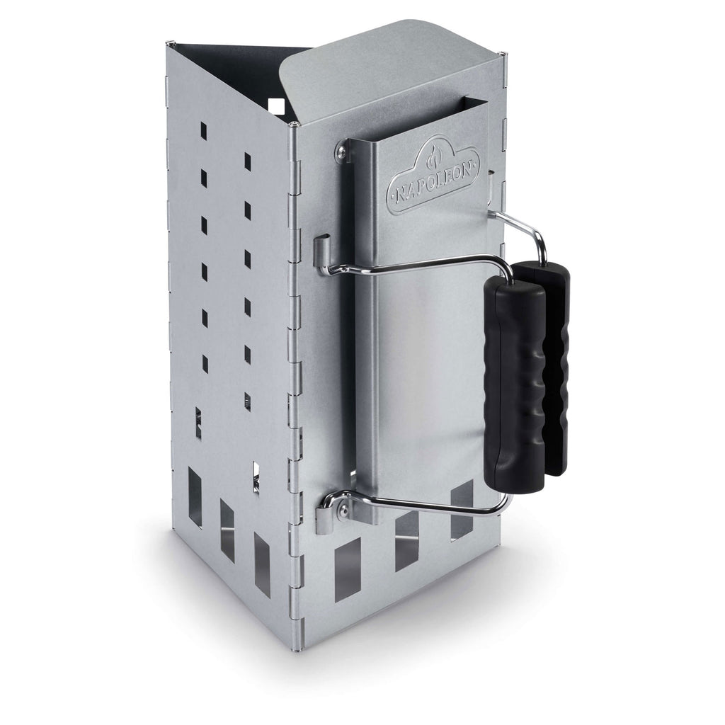 Charcoal chimney starter, folded metal triangle with side vent holes and black carrying handle