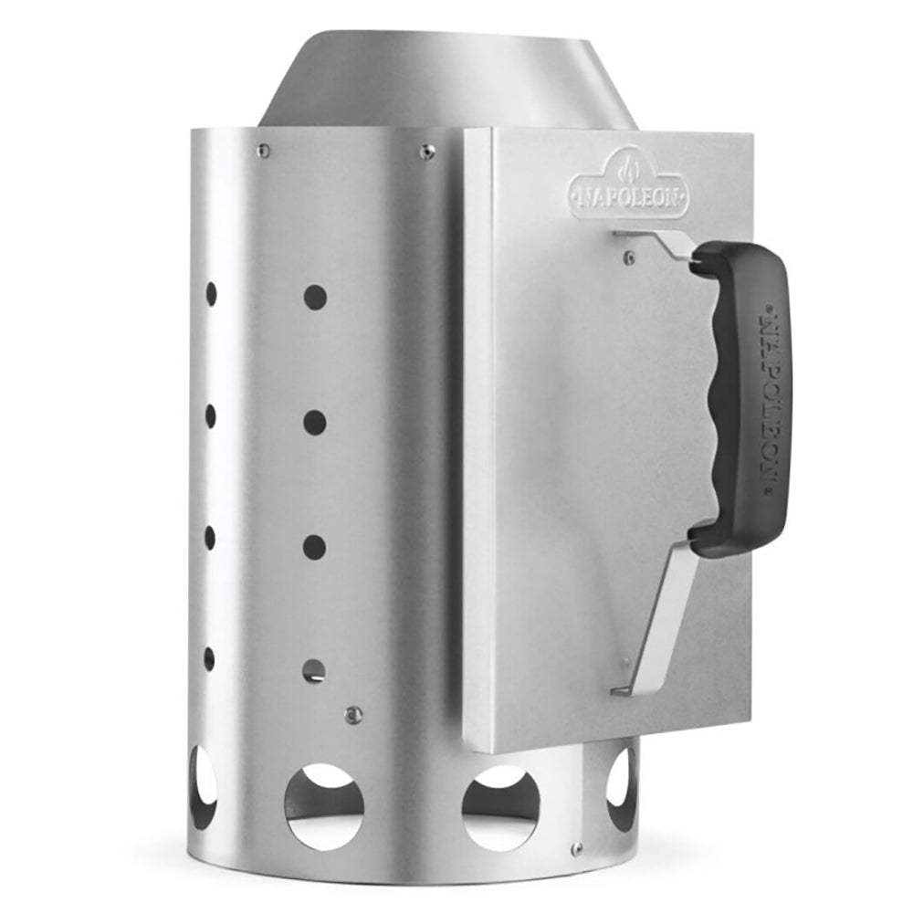 Charcoal starter chimney with perforated steel sides and integrated ignition handle