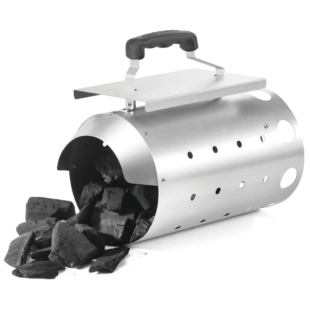 Charcoal chimney starter with a metal body and charcoal pieces inside