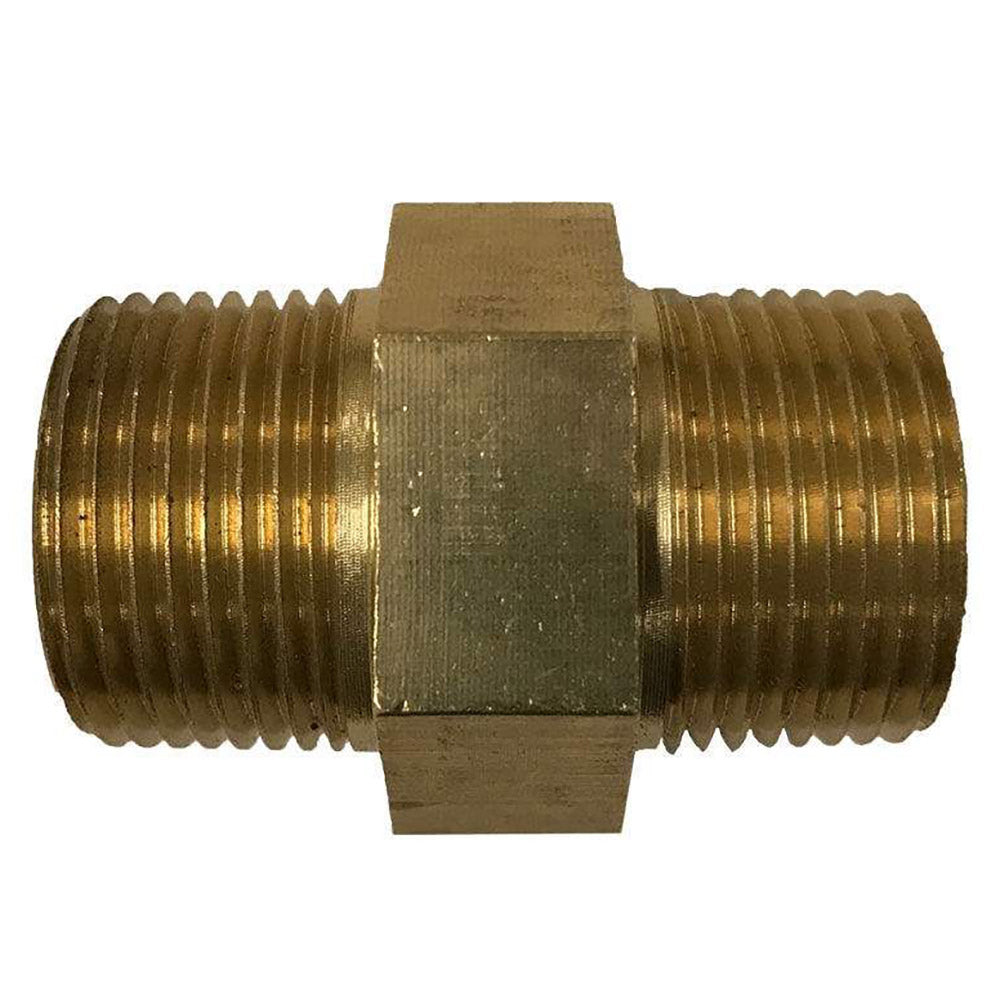 Brass gas orifice adapter with threaded male ends and central hex body