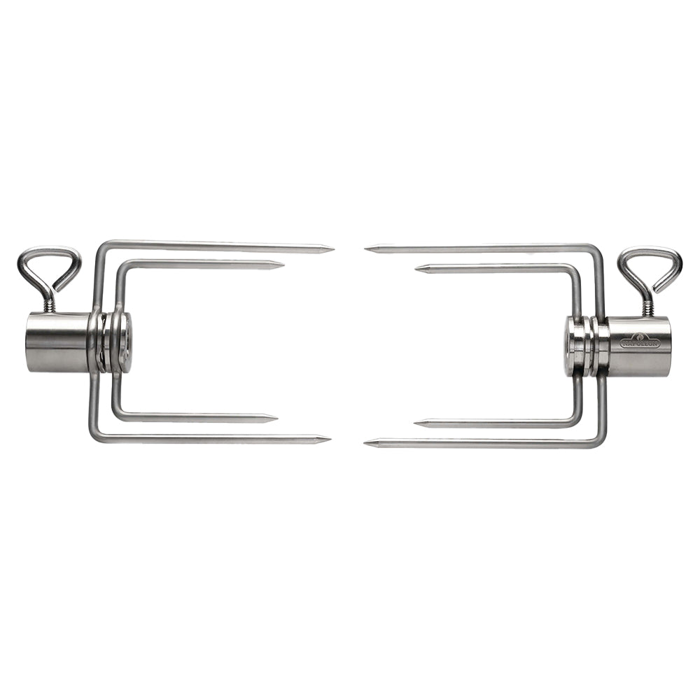 Collapsible rotisserie forks with metal prongs and two side hooks on frame