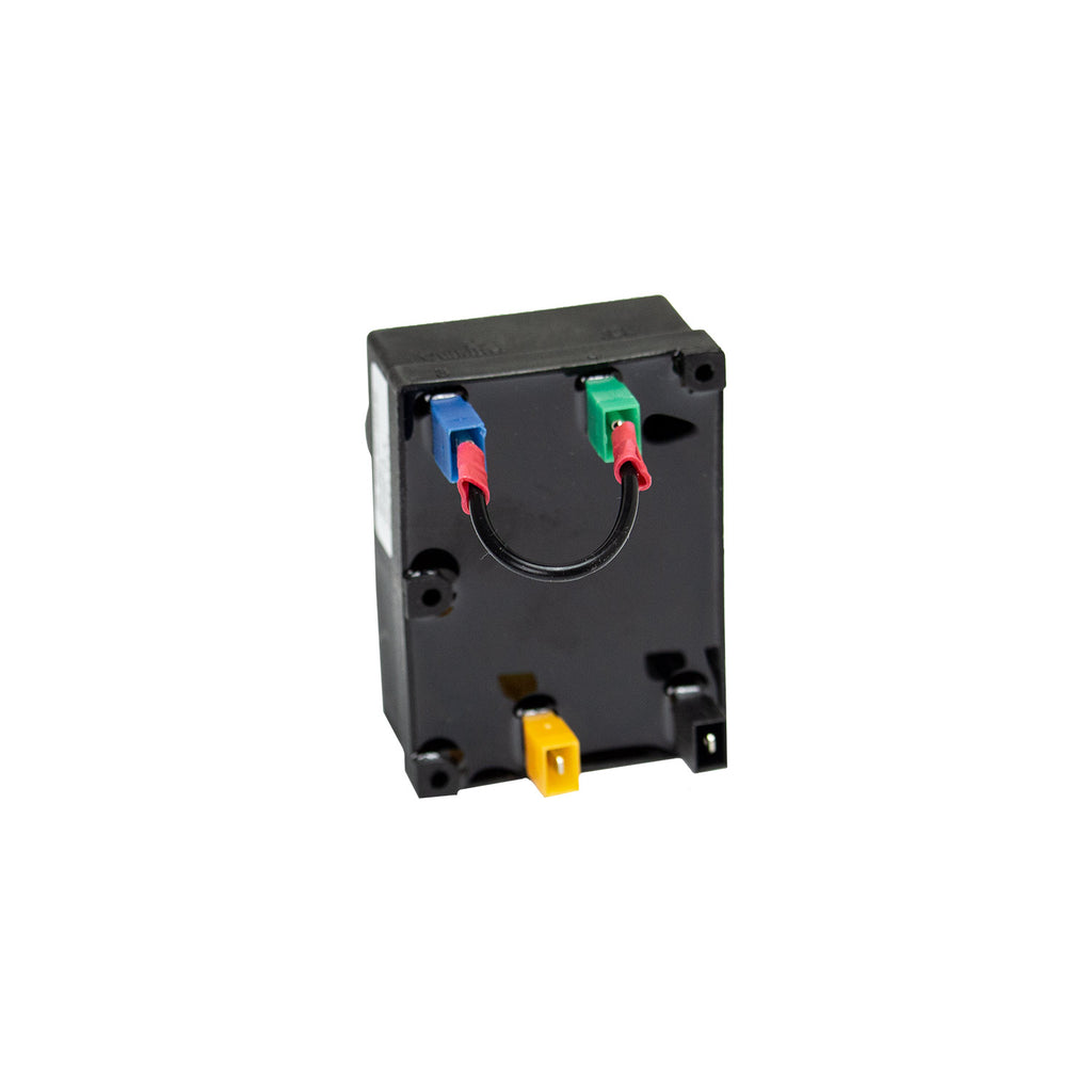 Spark igniter base with colored wire terminals and mounting holes on black casing
