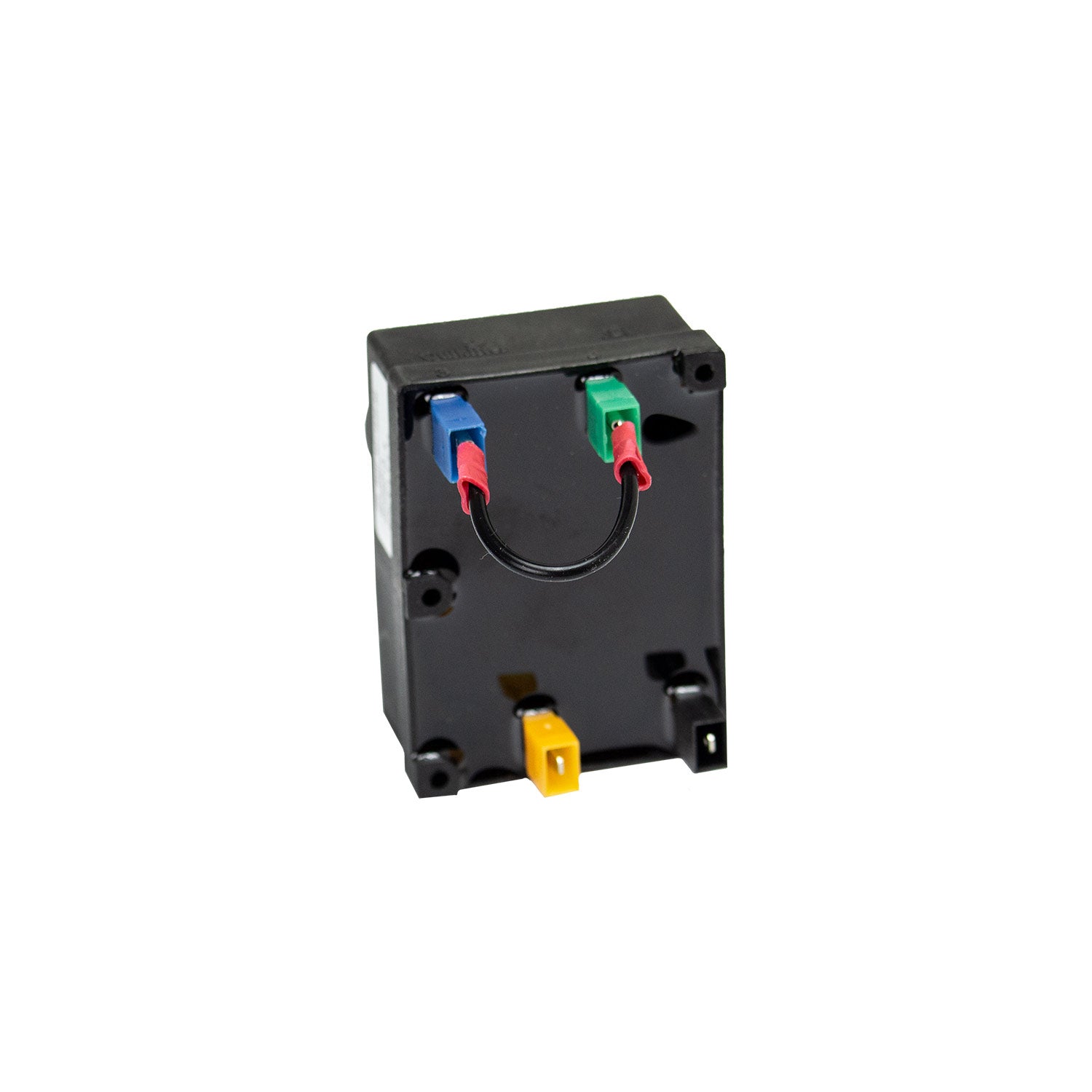 Spark igniter base with colored wire terminals and mounting holes on black casing