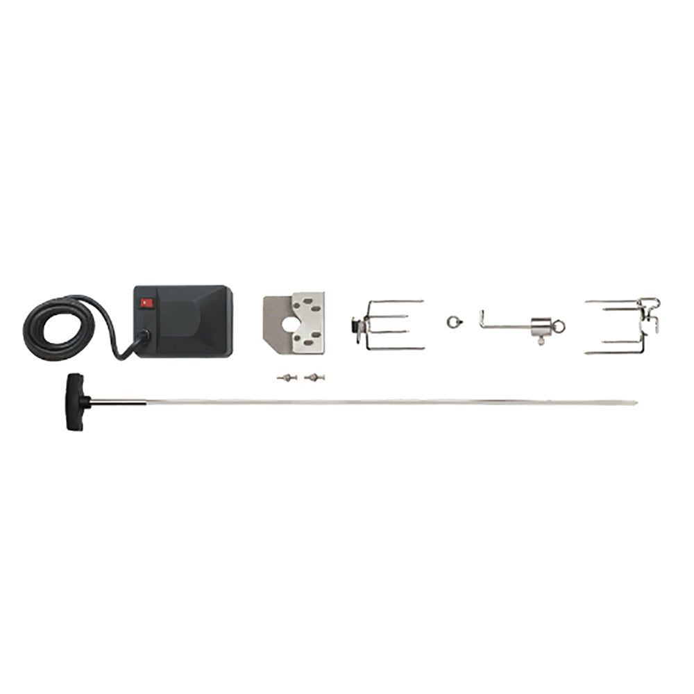 Heavy duty rotisserie kit components: motor, spit rod, forks, and mounting hardware.
