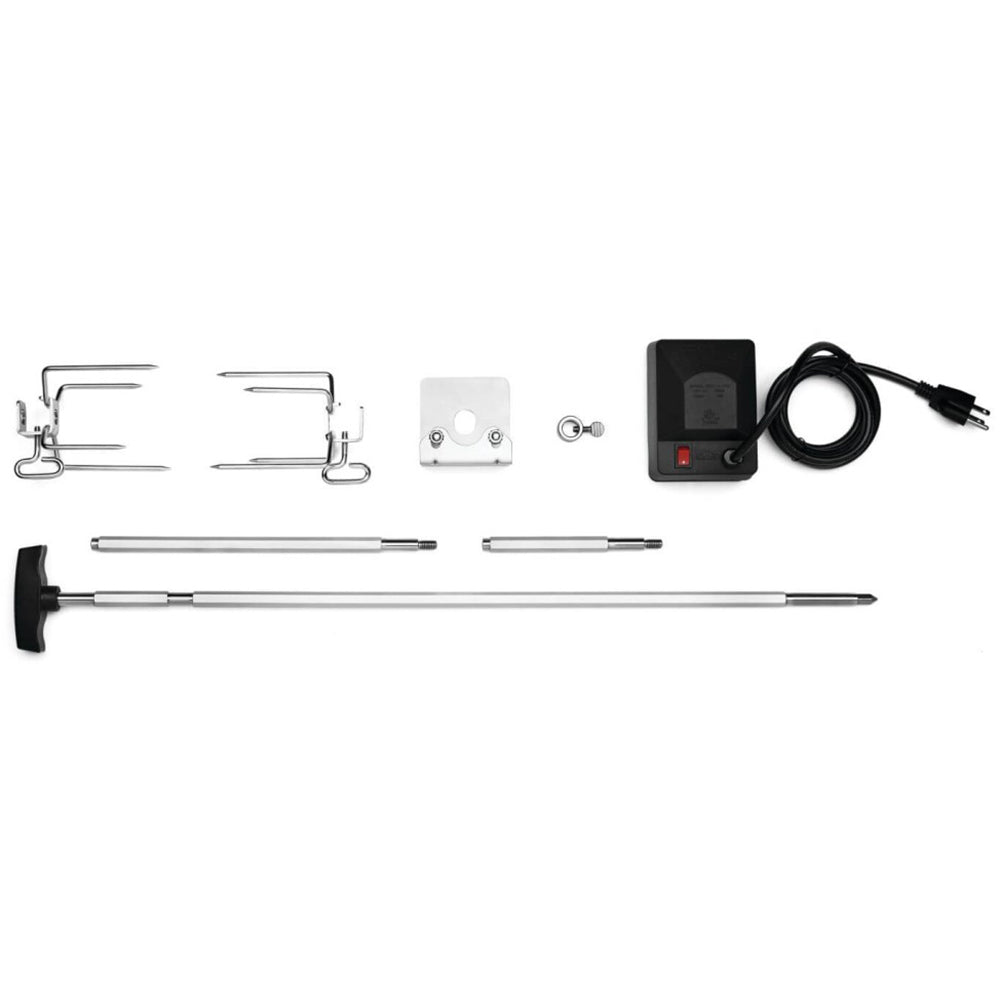 Rotisserie kit parts: stainless spit rod, forks, brackets, motor control box, power cord