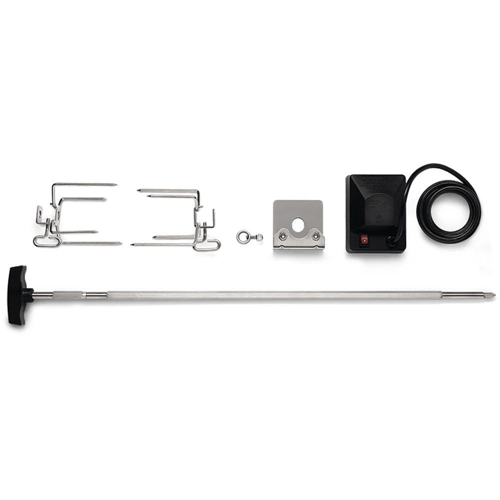 Rotisserie kit components: spit rod, mounting brackets, motor and power cord