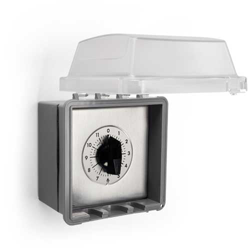 Automatic shut off timer in gray NEMA enclosure with black dial and clear cover
