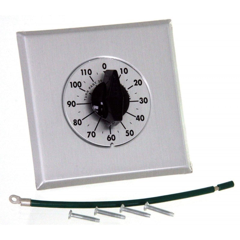 Analog outdoor timer face with round dial and black hour-selection knob on gray plate