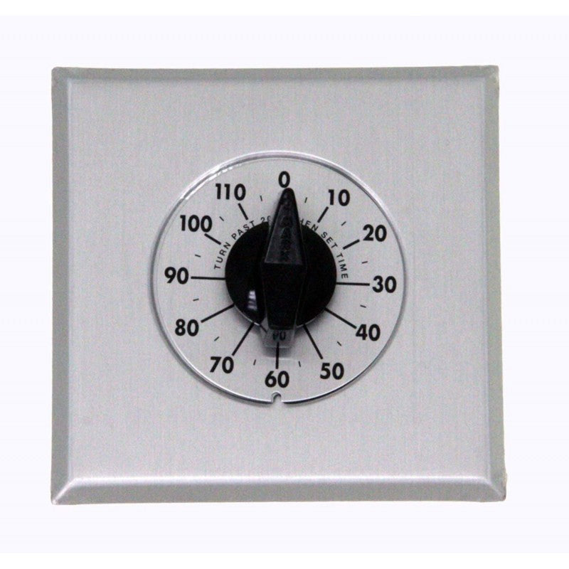 Analog timer dial on gray panel with black knob and central pointer