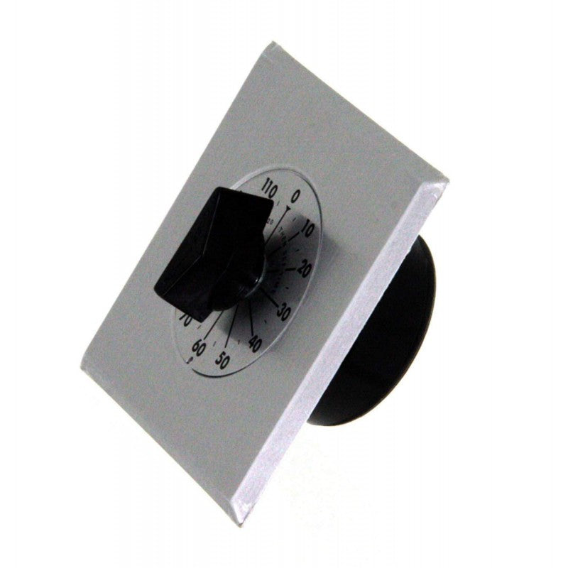 Outdoor timer panel with round dial and black knob from a tilted angle