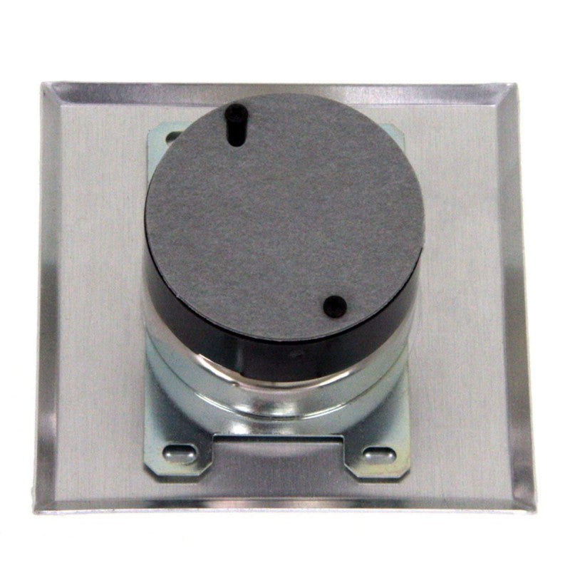 Outdoor timer base with round black dial cover and metal mounting clips