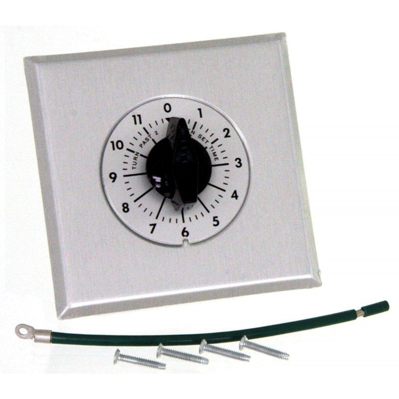 Wall timer with round dial, black knob, and cable leads with screws