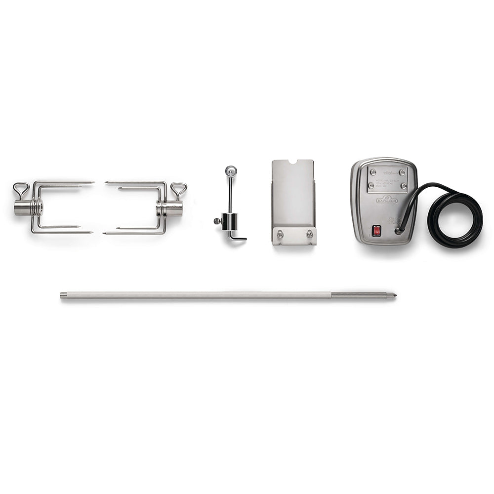Rotisserie kit components: metal brackets, long rod, motor control box, and cable