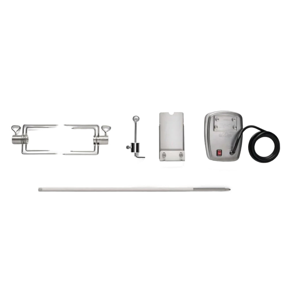 Commercial rotisserie kit parts: metal spit, forks, control box, and black power cord