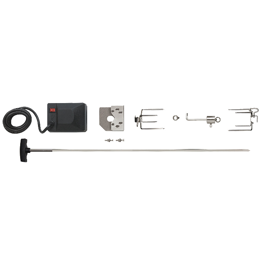 Rotisserie kit with long spit rod, motor unit, mounting brackets, and forks for grills