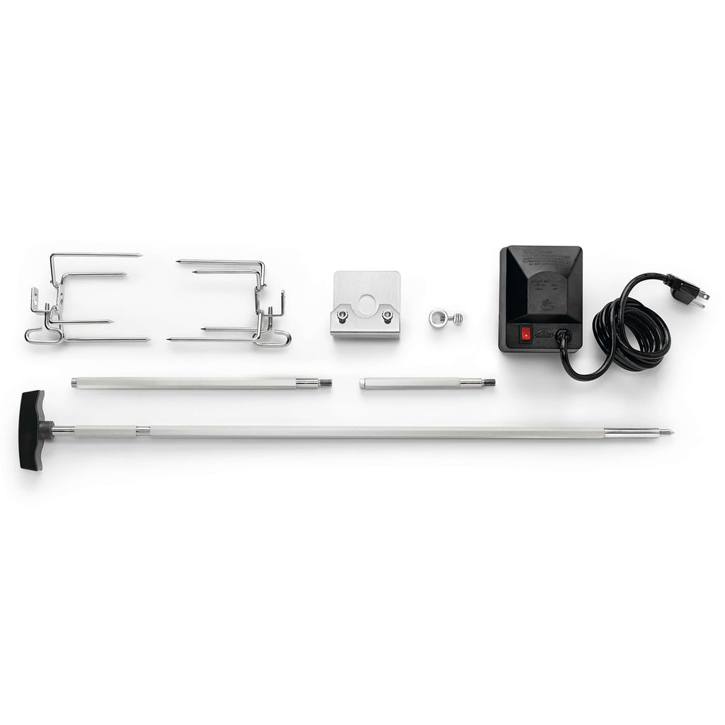 Heavy-duty rotisserie kit parts: stainless spit rod, brackets, motor box, power cord
