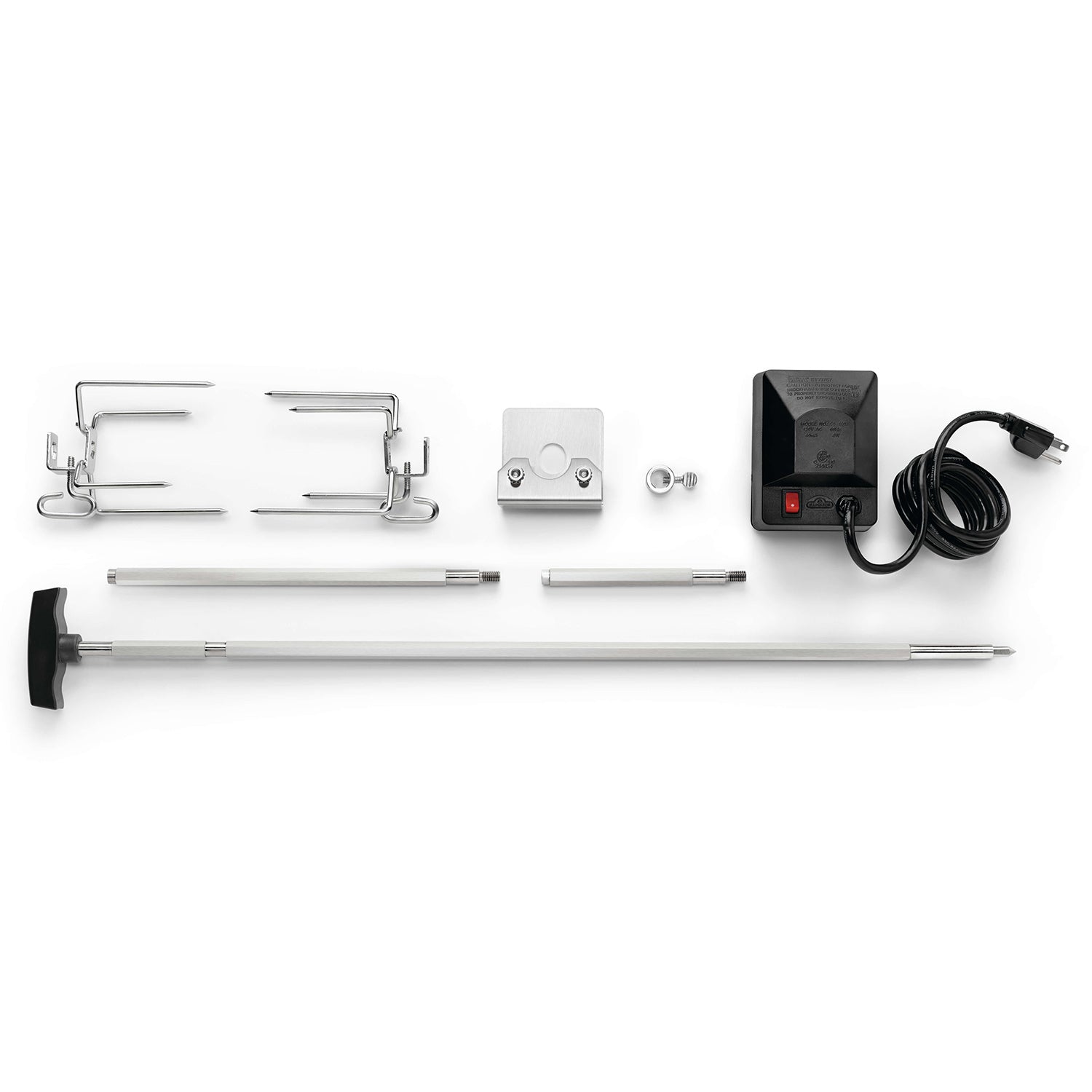 Heavy-duty rotisserie kit parts: stainless spit rod, brackets, motor box, power cord