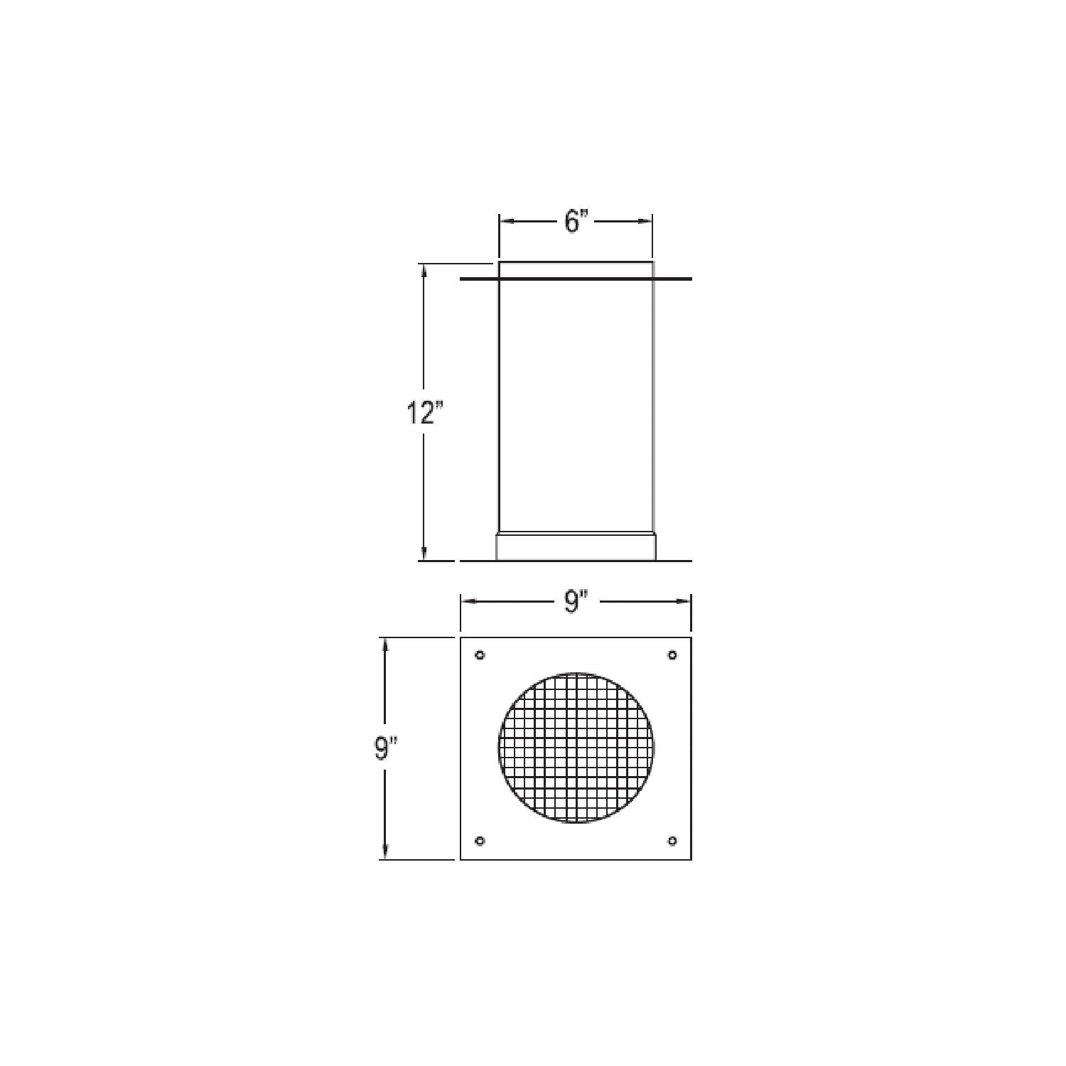 Duct air intake vent diagram with circular rodent-guard mesh and size measurements