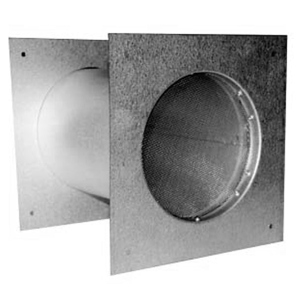 Metal air intake chase with circular rodent-guard mesh screen and flanged opening