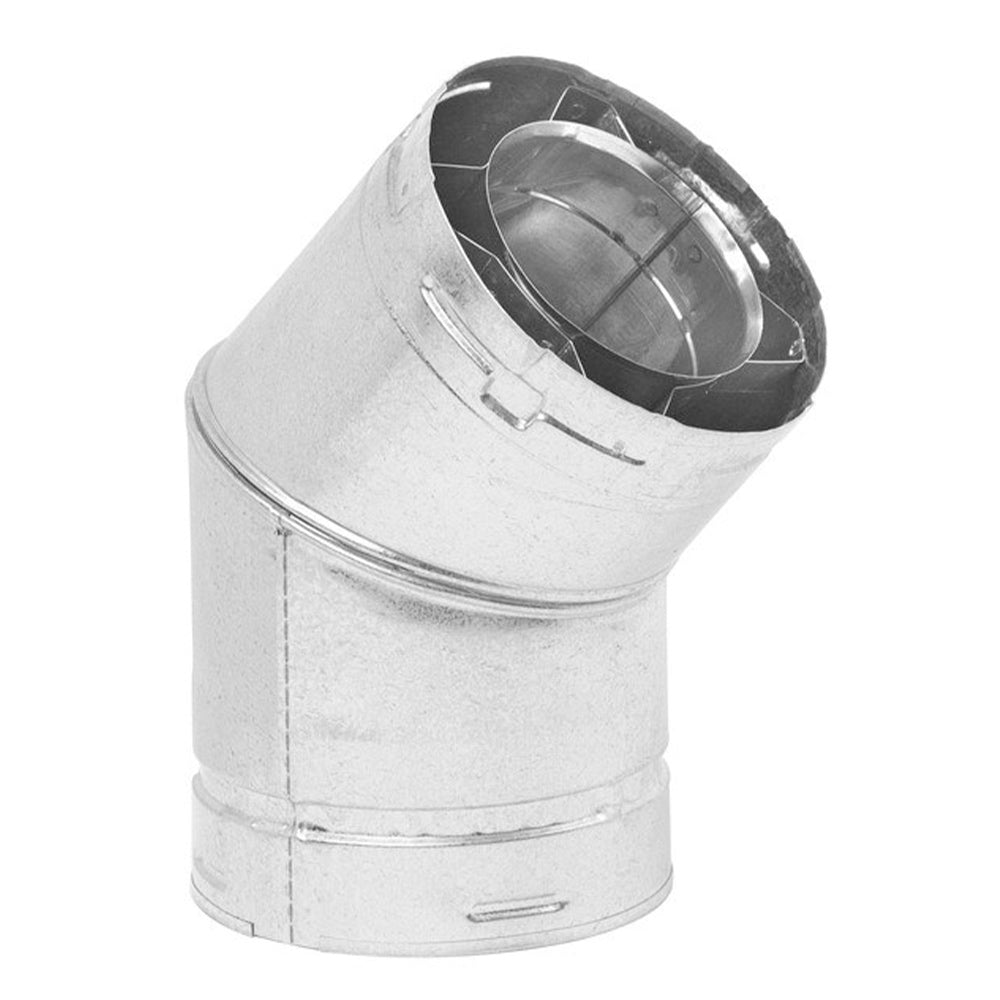 Rigid 45-degree vent elbow fitting, silver metal, round collar ends
