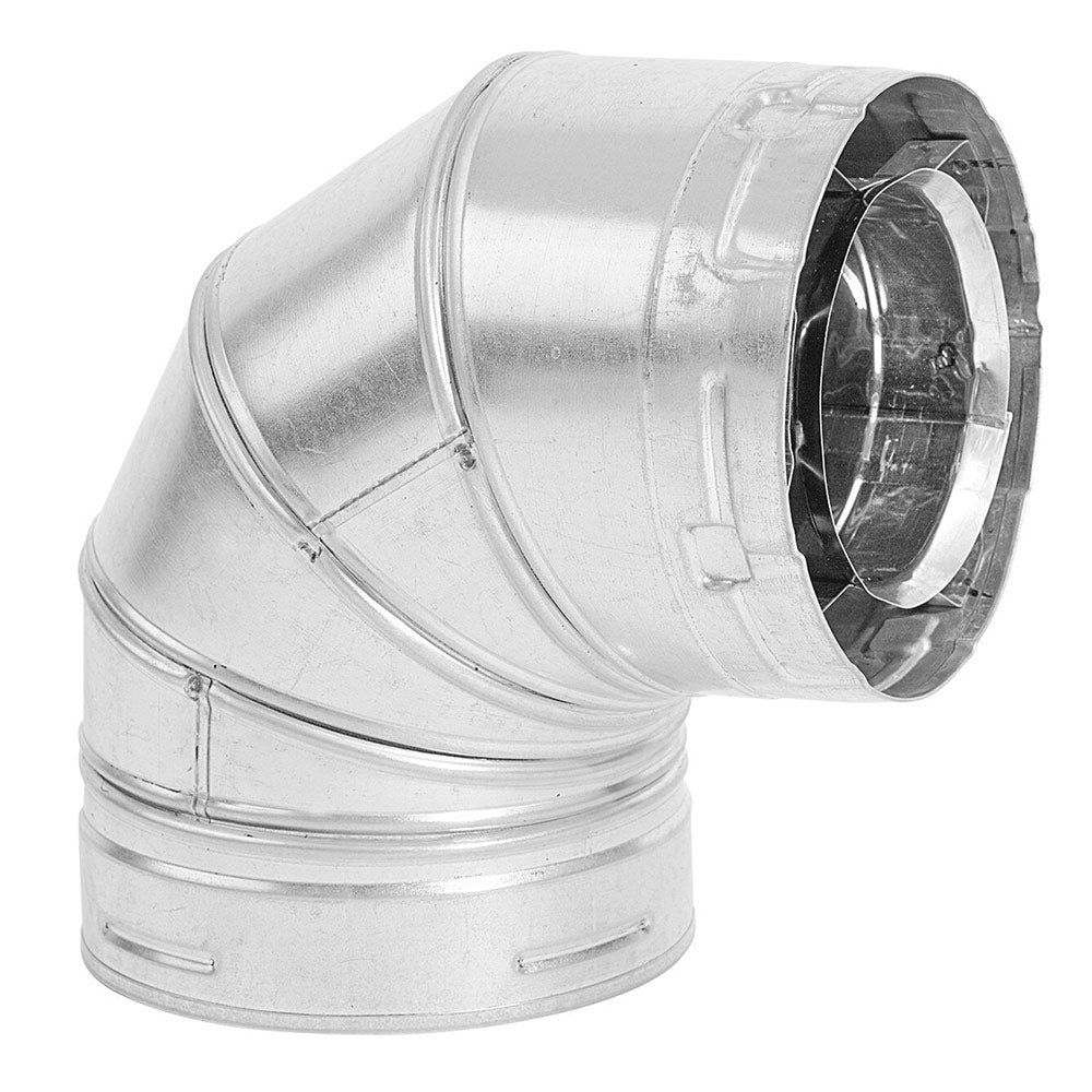90-degree rigid vent elbow fitting with locking collar, silver metal.