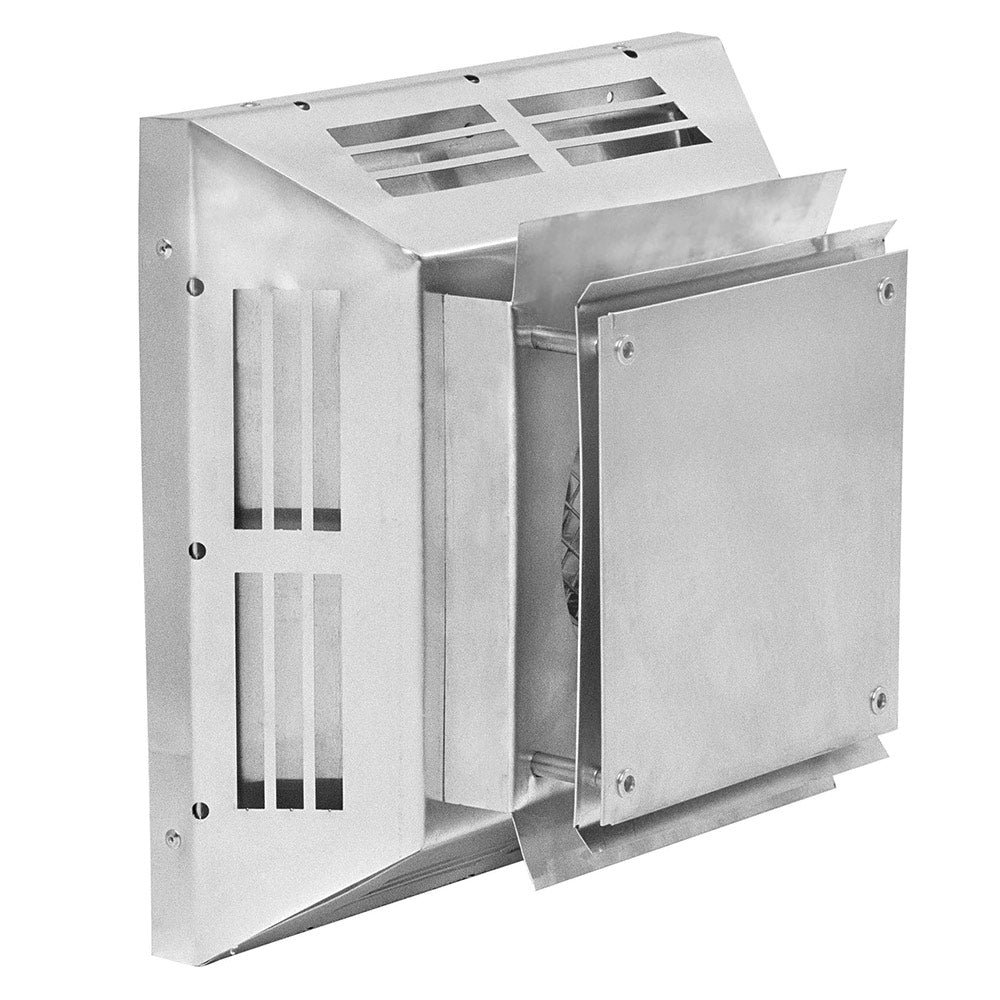 Metal fireplace vent termination with horizontal panels and grille openings, silver