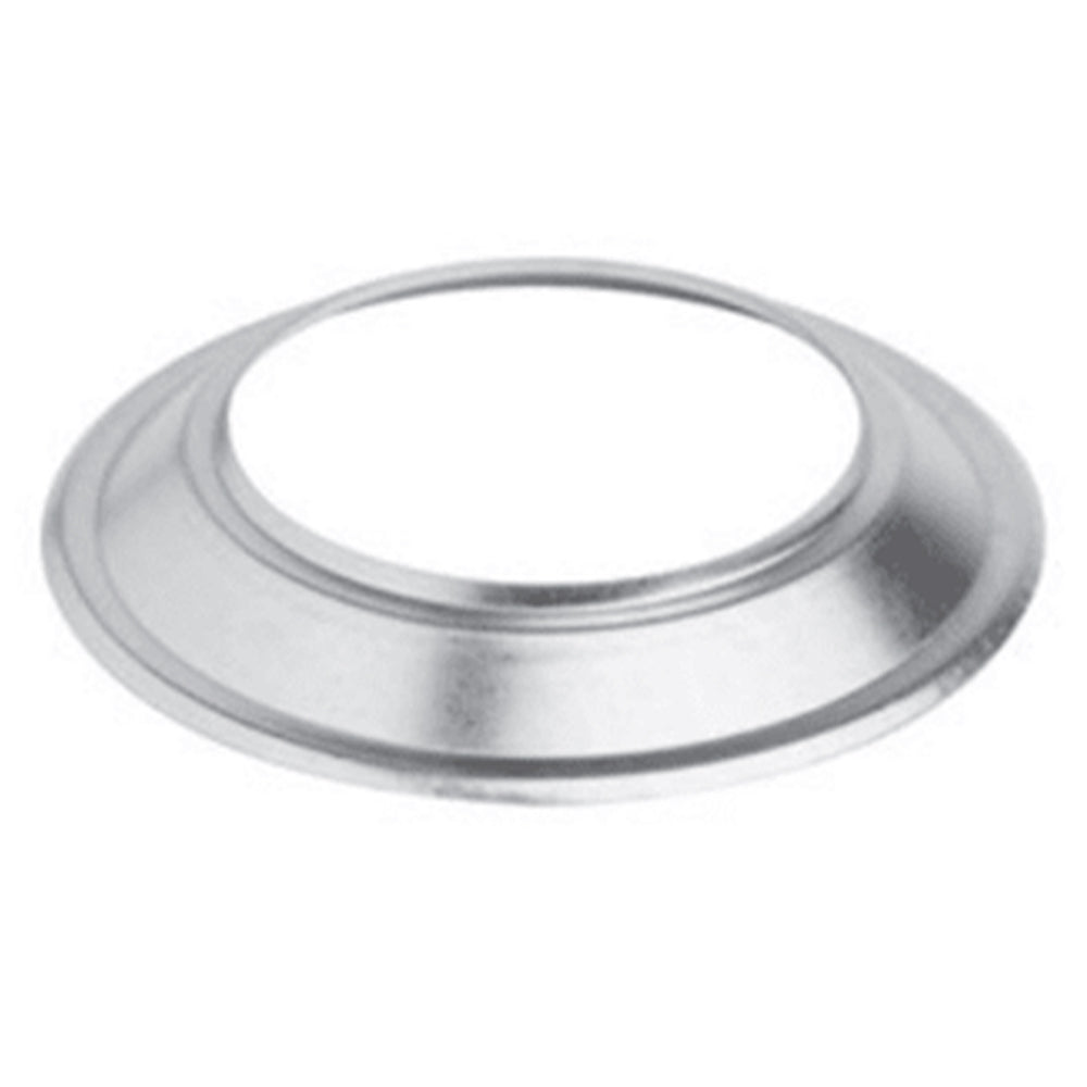 Metal storm collar with wide circular flange and centered round opening, silver finish